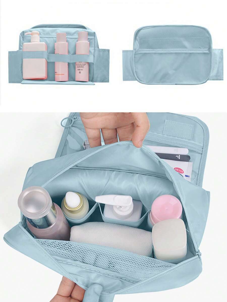 可折疊掛式旅行化妝包，1入大容量透氣時尚的洗漱袋浴室淋浴袋，帶隔板多功能化妝品組織袋小提包化妝刷存儲包，適用於唇膏，化妝刷，手機，等，適用於家庭，旅行和學校，化妝袋化妝包護膚品化妝品牙刷收納包，旅行必備用品，豪華郵輪必備用品，宿舍必備用品，婚禮伴娘禮物，媽媽禮物，生日禮物，朋友和老師禮物，家居裝飾，浴室客廳臥室裝飾，浴室組織，珠寶收納盒，唇油收納盒，指甲油收納盒，化妝品收納盒，化妝箱 - 藍色 - 查看 1