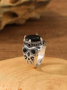 1pc Fashionable Vintage Minimalist Round Ring - Black - View 4