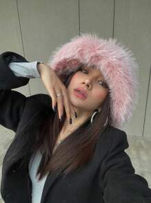 1pc Ladies' New Arrival Thickened Warm Plush Ear Protection Bucket Hat, Pink, Suitable For Outdoor Activities In Fall/Winter Like Travel, Hiking, Skiing, Cycling & Daily Wear, Popular Style In Europe And America Street
