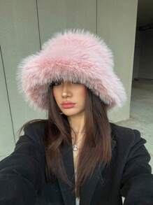 1pc Ladies' New Arrival Thickened Warm Plush Ear Protection Bucket Hat, Pink, Suitable For Outdoor Activities In Fall/Winter Like Travel, Hiking, Skiing, Cycling & Daily Wear, Popular Style In Europe And America Street
