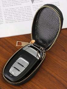 荔枝紋車鑰匙盒鑰匙扣時尚拉鍊皮革汽車鑰匙包袋套,男女適用 - 黑色 - 查看 2