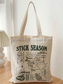 1入棍子季節圖案米色帆布手提袋,女性帆布袋,音樂之旅禮物 - 米色 - 查看 3