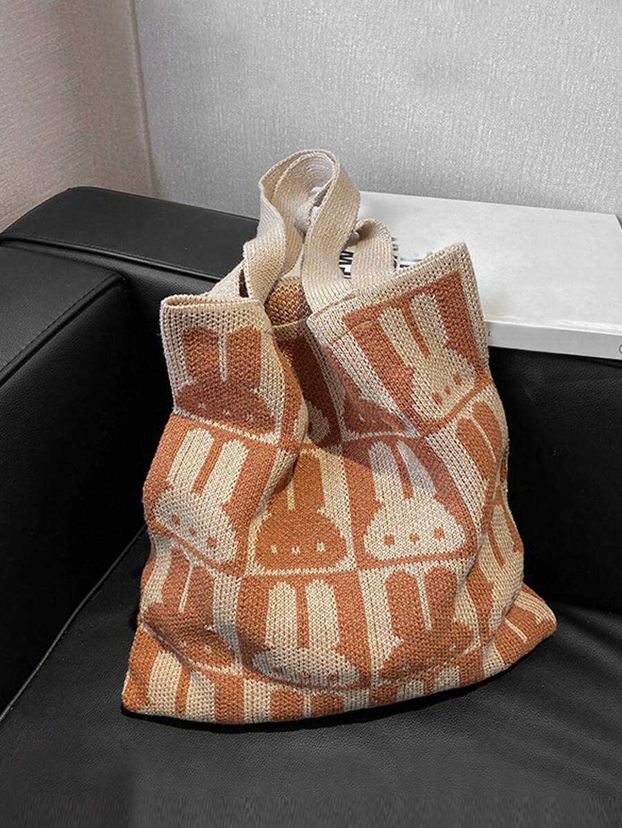 可愛兔子印花鉤針編織袋,可愛卡通針織單肩包,大容量流浪手提包,女性兔子印花休閒手提包和購物袋,可愛兔子圖案鉤針編織袋,時尚編織單肩包,女性輕便通勤者手提包,兔子圖案鉤針編織袋,針織手提包,文學夏季沙灘旅行包 - 駝色 - 查看 1