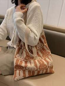 可愛兔子印花鉤針編織袋,可愛卡通針織單肩包,大容量流浪手提包,女性兔子印花休閒手提包和購物袋,可愛兔子圖案鉤針編織袋,時尚編織單肩包,女性輕便通勤者手提包,兔子圖案鉤針編織袋,針織手提包,文學夏季沙灘旅行包 - 駝色 - 查看 3