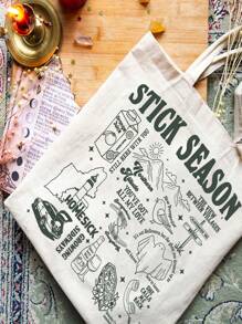 1入棍子季節圖案米色帆布手提袋,女性帆布袋,音樂之旅禮物 - 米色 - 查看 5