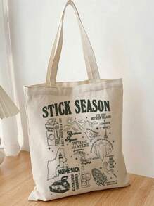 1入棍子季節圖案米色帆布手提袋,女性帆布袋,音樂之旅禮物 - 米色 - 查看 4