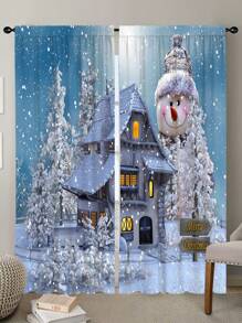 2pcs Christmas House & Snowman Printed Flannel Cloth Home Decorative Rod Pocket Window Curtain - Multicolor - View 4