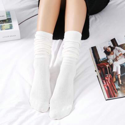 1 Pair White Plain Women's Pile Socks, Retro & Mori Style Ankle Boot Socks Or Knee High Socks, Thin Winter Socks, Fall