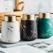LAOPAO 1pc 11oz Marble Gold And Black Inlaid Ceramic Lotion Dispenser, Soap Pump Bottle For Kitchen And Bathroom, Marble Pattern - Black - View 3
