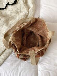 可愛兔子印花鉤針編織袋,可愛卡通針織單肩包,大容量流浪手提包,女性兔子印花休閒手提包和購物袋,可愛兔子圖案鉤針編織袋,時尚編織單肩包,女性輕便通勤者手提包,兔子圖案鉤針編織袋,針織手提包,文學夏季沙灘旅行包 - 駝色 - 查看 7