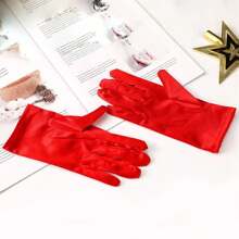 1pair Women's Short Red Satin Gloves For Evening And Party Halloween Accessories Winter Gloves - Red - View 3