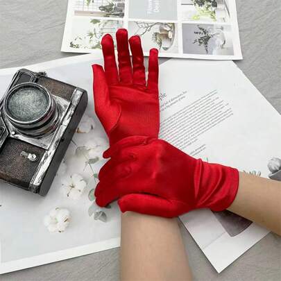 1 Coppia di guanti corti in raso rosso da donna per eventi serali, feste, Ognissanti, accessori invernali