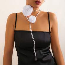 Floral Ribbon Rose Choker, Vintage Neck Hoop Necklace For Lady Dinner Party Accessory - White - View 3