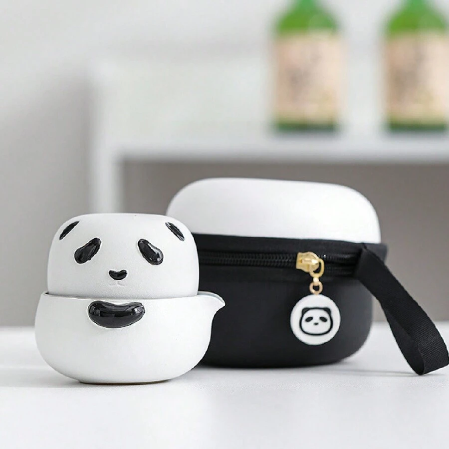 Cute Panda Design Portable Single-person Outdoor Travel Tea Set With Teapot And Cup, Gift Set - White - View 1