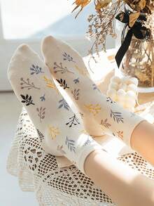 1 双随机颜色树叶刺绣印花卡哇伊可爱袜子时尚百搭运动中筒袜女童甜美长袜柔软复古街头潮流中筒袜新奇趣味踝袜节日礼物女士 - 彩色 - 查看 9