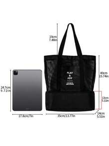 黑色網狀午餐袋，採用聚酯網狀材料製成，透氣防水，雙層設計，乾濕分離，適合海灘、戶外和旅行使用，可用作多用途方便冰袋