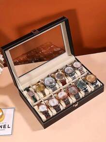 1pc Large Capacity Pu Leather Watch Box, Watch Display Case And Jewelry Organizer Valentine Day Back To School,Room Decor - Black - View 4