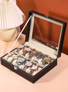 1pc Large Capacity Pu Leather Watch Box, Watch Display Case And Jewelry Organizer Valentine Day Back To School,Room Decor - Black - View 1