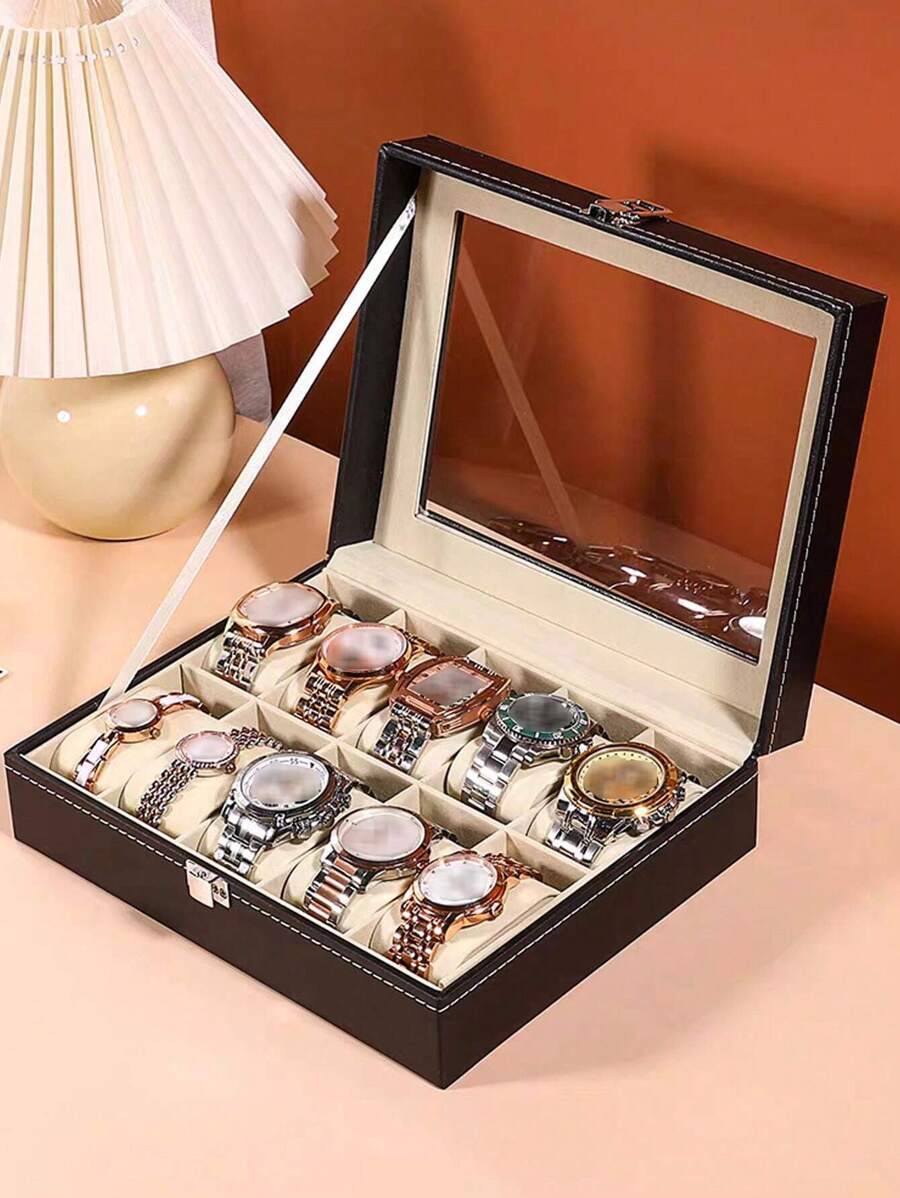 1pc Large Capacity Pu Leather Watch Box, Watch Display Case And Jewelry Organizer Valentine Day Back To School,Room Decor - Black - View 1