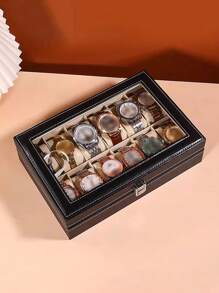 1pc Large Capacity Pu Leather Watch Box, Watch Display Case And Jewelry Organizer Valentine Day Back To School,Room Decor - Black - View 5