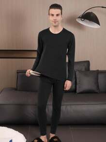 Men's Stylish Autumn Thermal Underwear Set Including Silk Patched Thermal Top And Bottom, Winter