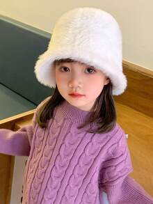1頂兒童秋冬款小桶帽，韓國風羊毛針織小桶帽，溫暖可愛，適合女孩和男孩 - 白色 - 查看 3