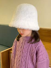 1頂兒童秋冬款小桶帽，韓國風羊毛針織小桶帽，溫暖可愛，適合女孩和男孩 - 白色 - 查看 5