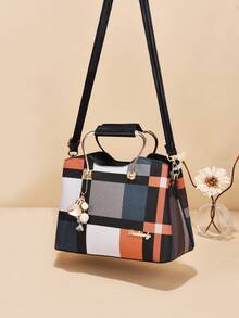 1pc Color Block PU Material Zipper Handbag With Pendant For Women, Suitable For Daily Use - Multicolor - View 2