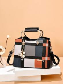 1pc Color Block PU Material Zipper Handbag With Pendant For Women, Suitable For Daily Use - Multicolor - View 1