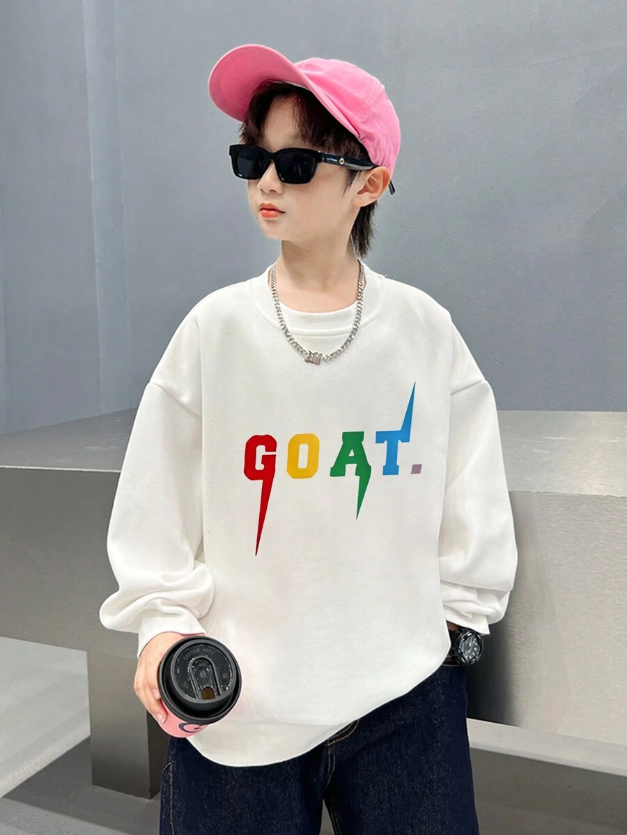 適用於休閒和街頭服裝的tween男孩酷炫印花圓領汗衫,秋冬時節 - 白色 - 查看 1