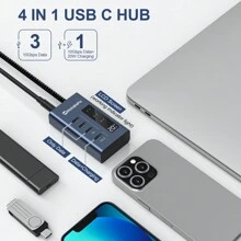 Powered 4-in-1 Usb C Hub Adapter Supporting 10gbps Data Transfer And Fast Charging (not Support Video) For Usb-c To Usb-c Devices, Compatible With Macbook Pro/air, Imac, Ipad, Chromebook, And More Usb C Devices - Grey - View 3