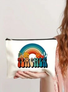 彩虹花卉教師卡通圖案,米白色聚酯纖維可折疊拉鍊收納袋,化妝袋,化妝包,適用於個人旅行,大學生化妝收納,回饋老師的開學禮物,化妝包,化妝包,收納禮物,感謝老師的禮物 - 米色 - 查看 4