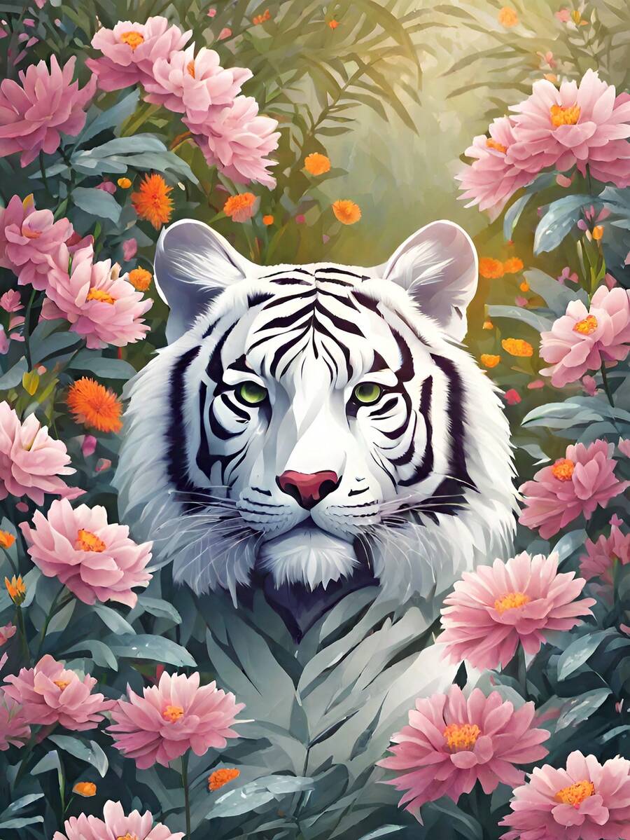 花朵和白虎5d鑽石畫馬賽克鑽石繡全圆鑽石現代美術十字繡壁畫家庭裝飾組合,客廳