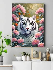 花朵和白虎5d鑽石畫馬賽克鑽石繡全圆鑽石現代美術十字繡壁畫家庭裝飾組合,客廳