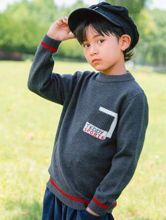 Tween Boys' Knitwear 2023 New Autumn And Winter Child Basic Line Sweater, Contrast Color 3d Pockets Casual Top