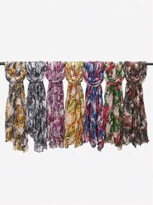 1pc Women's Classic Flower Printed Crinkled Scarf For Winter, With Fringed Edges - Blue - View 3