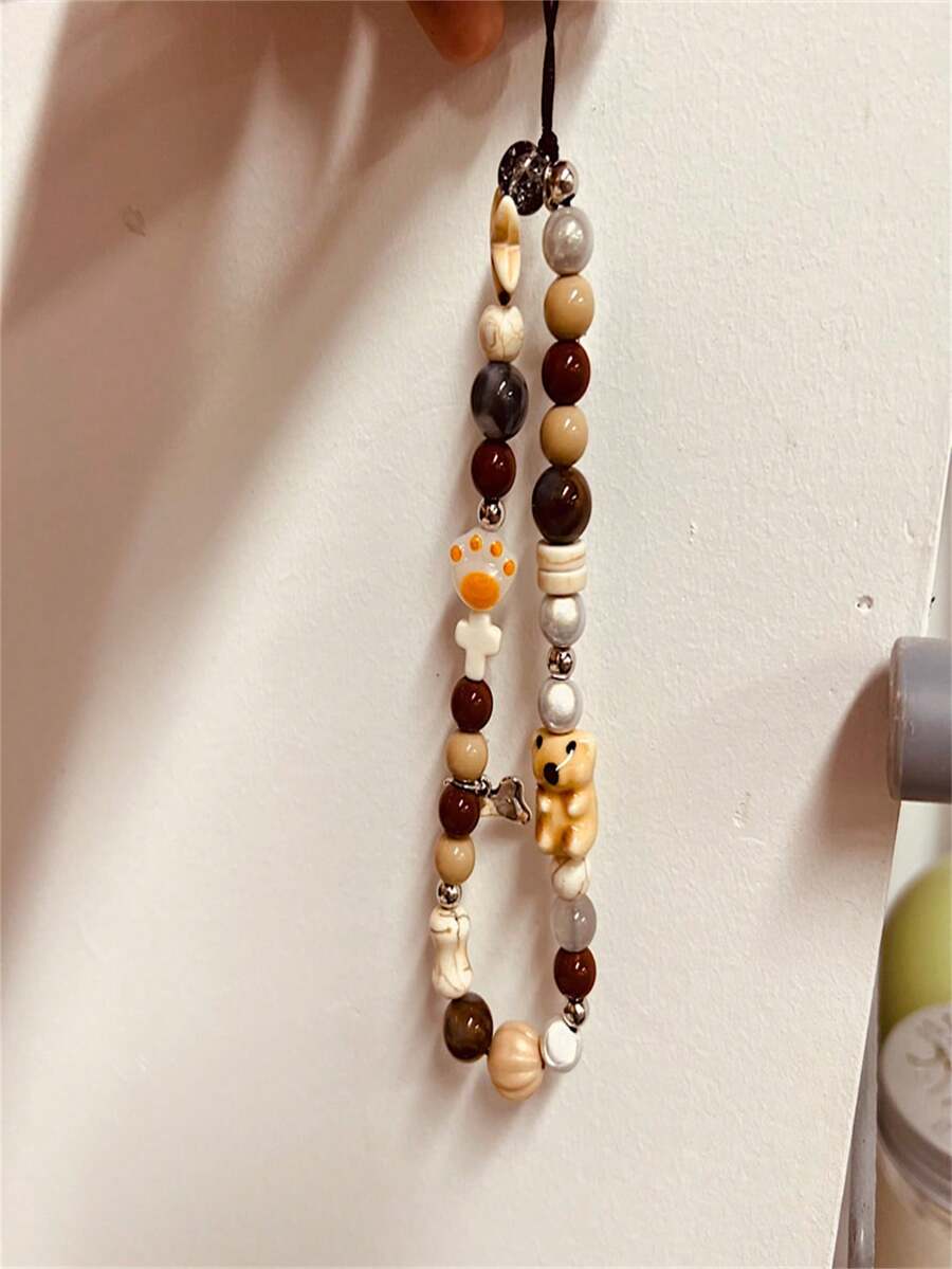 可愛女孩魚骨形手工串珠手機鏈、腕帶、短款創意手持掛繩、新款相機裝飾、時尚耳機保護挂件 - 棕色 - 查看 1