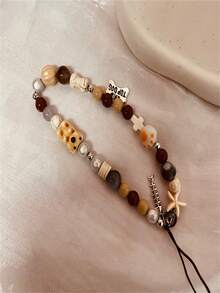 可愛女孩魚骨形手工串珠手機鏈、腕帶、短款創意手持掛繩、新款相機裝飾、時尚耳機保護挂件 - 棕色 - 查看 2