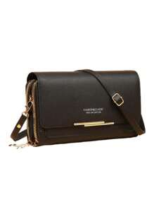 時尚PU斜背包潮流襟翼肩袋女式時尚手提包電話錢包禮物袋 - 黑色 - 查看 7