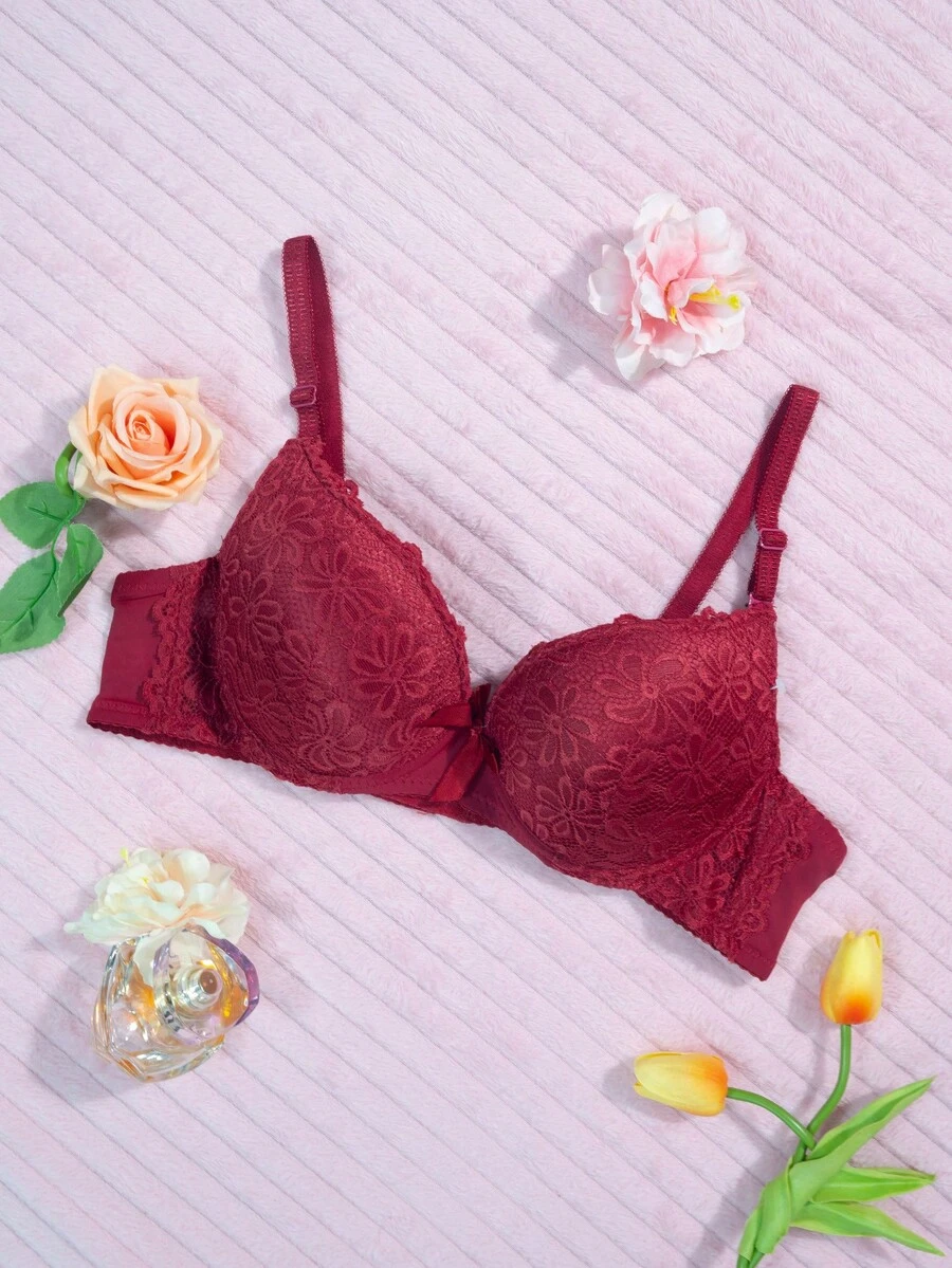 B Cup Bra With Underwire And Lace Throughout The Cup And Under Bust With Adjustable Straps - Red - View 1