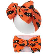 2 件装欧美风格南瓜、蝙蝠、魔鬼蝴蝶结儿童头带和发带，万圣节主题橙色和黑色印花，适合婴儿和幼儿 - 橘色 - 查看 6