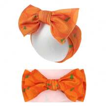 2 件装欧美风格南瓜、蝙蝠、魔鬼蝴蝶结儿童头带和发带，万圣节主题橙色和黑色印花，适合婴儿和幼儿 - 橘色 - 查看 5