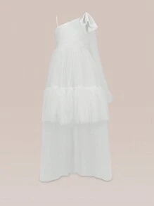 Tween Girl Asymmetrical Shoulder Bow Detail Ruffle Hem Mesh Overlay Dress - White - View 6