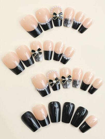 アップグレード あなたの 付き 24ピース ミディアム 棺 ブラック 蝶々結び＆人工パールデコレーション ネイルチップ & ネイルファイル 1個 & 1シート テープ