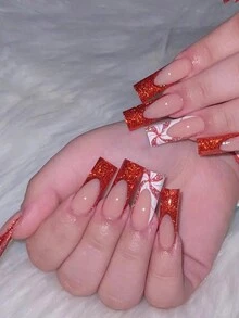 24入組聖誕節紅白閃光全面覆蓋珍珠美甲套裝，裝飾手指，非常適合聖誕派對、舞會和家庭聚會，壓花美甲指甲用品 - 彩色 - 查看 2