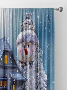 2pcs Christmas House & Snowman Printed Flannel Cloth Home Decorative Rod Pocket Window Curtain - Multicolor - View 2