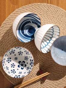 1pc Ceramic Bowl For Home Use, With Geometric Patterns And Blue & White Porcelain Design For Rice, Soup Or Other Food - White - View 6