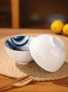 1pc Ceramic Bowl For Home Use, With Geometric Patterns And Blue & White Porcelain Design For Rice, Soup Or Other Food - White - View 7