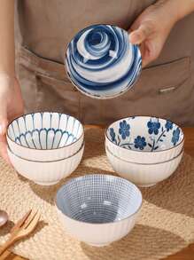 1pc Ceramic Bowl For Home Use, With Geometric Patterns And Blue & White Porcelain Design For Rice, Soup Or Other Food - White - View 3