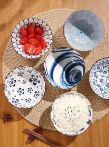 1pc Ceramic Bowl For Home Use, With Geometric Patterns And Blue & White Porcelain Design For Rice, Soup Or Other Food - White - View 2